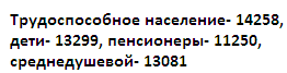 Трудоспособные граждане-12551, дети-11704, пенсионеры-9903, среднедушевой- 11515